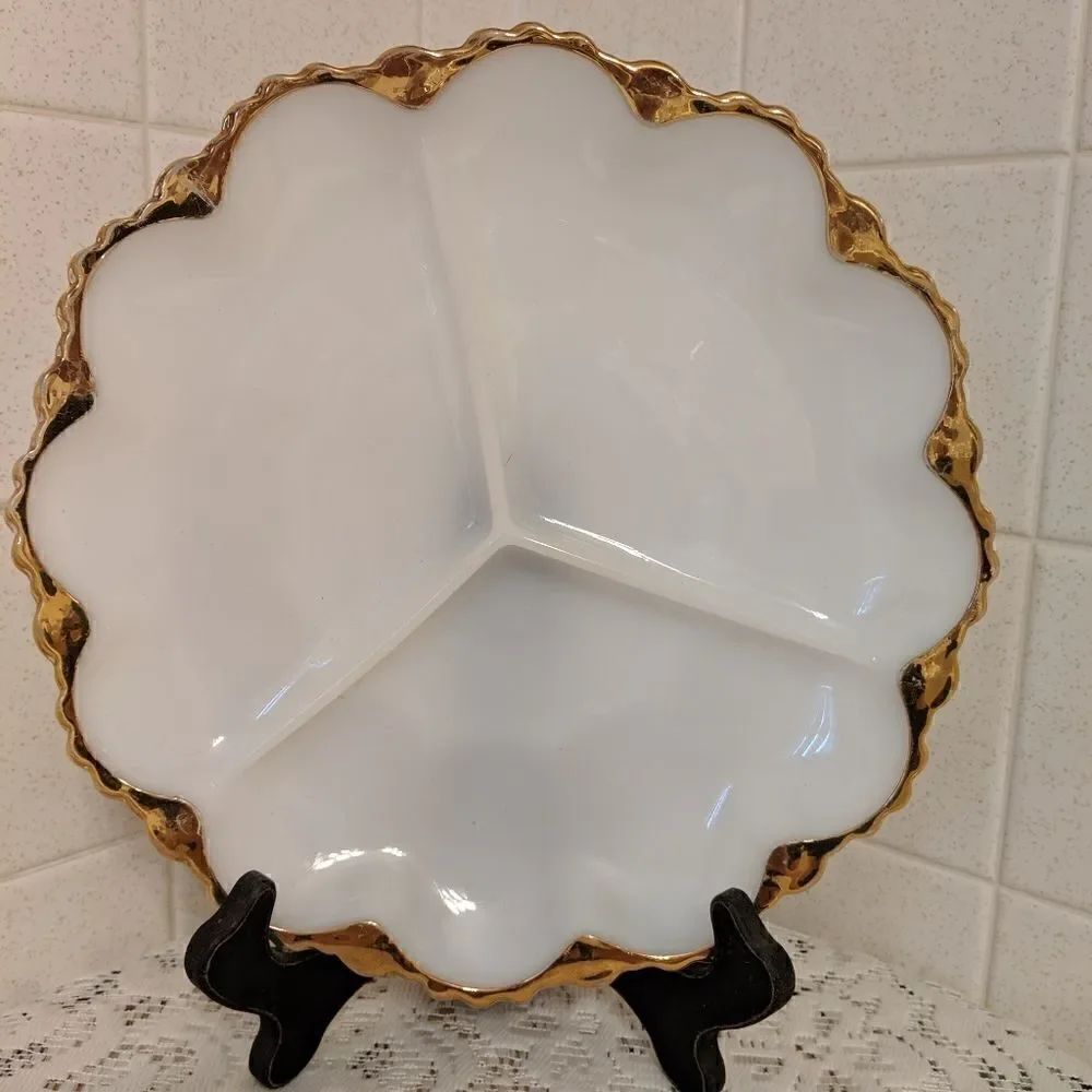 Vintage Milk Glass Divided Dish Vegetable Tray Gold Trim